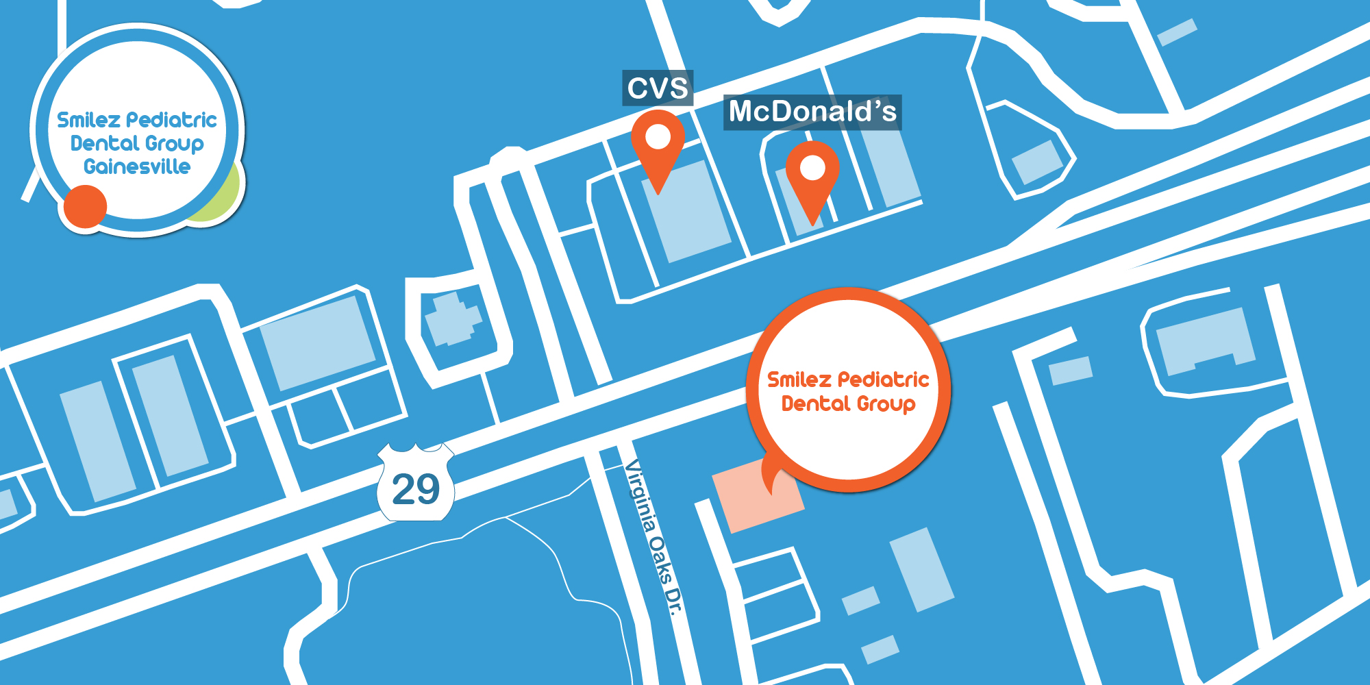 Map graphic showing where Smilez Pediatric Dental Group Gainesville is located.